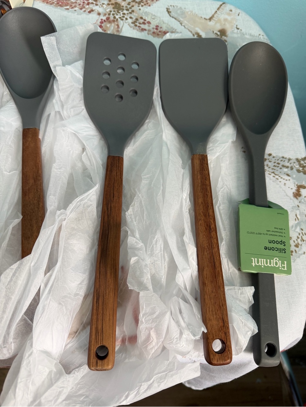 Mint Gray Silicone Kitchen Utensil Set with Wooden Handles - Picture 5 of 6